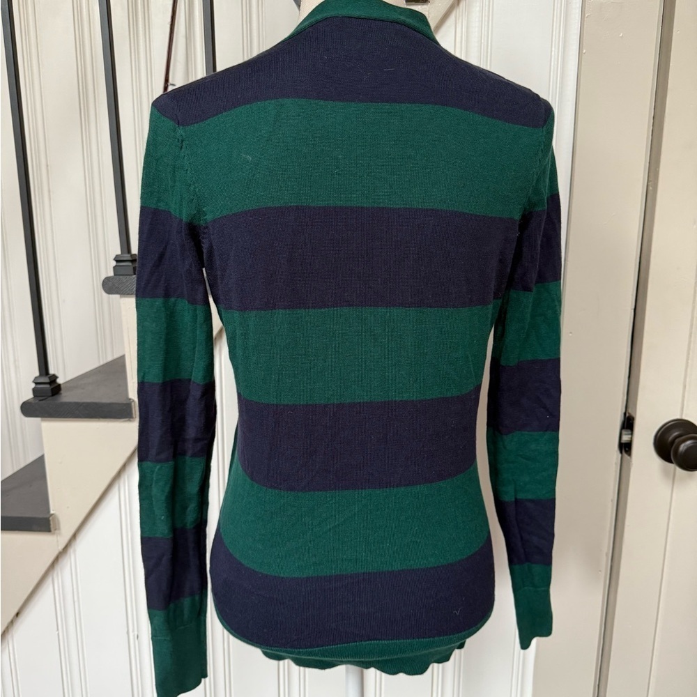 Green and Navy Striped Women's Cardigan Sweater - Picture 3 of 4